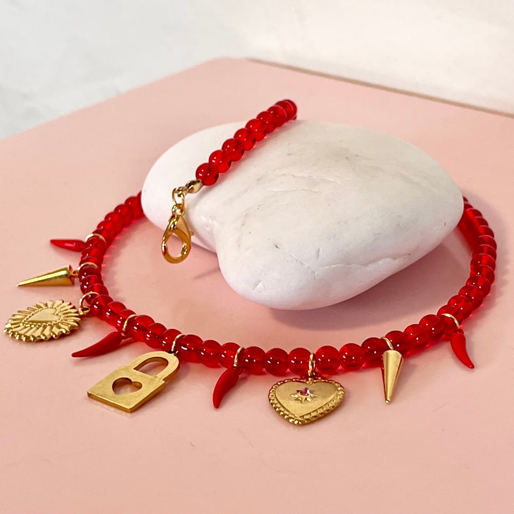 Image of Red Beaded Necklace with Gold charms and Chillis