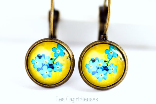 Image of Dormeuse 'Ines' Boucles d'oreilles fleur bleu jaune