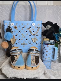 Image 1 of Size 10 Blue/Brown Crocs with Bag & Cup