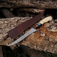 Image 1 of 13" Handmade Damascus Steel Fillet Knife with Bone Handle & Leather Sheath