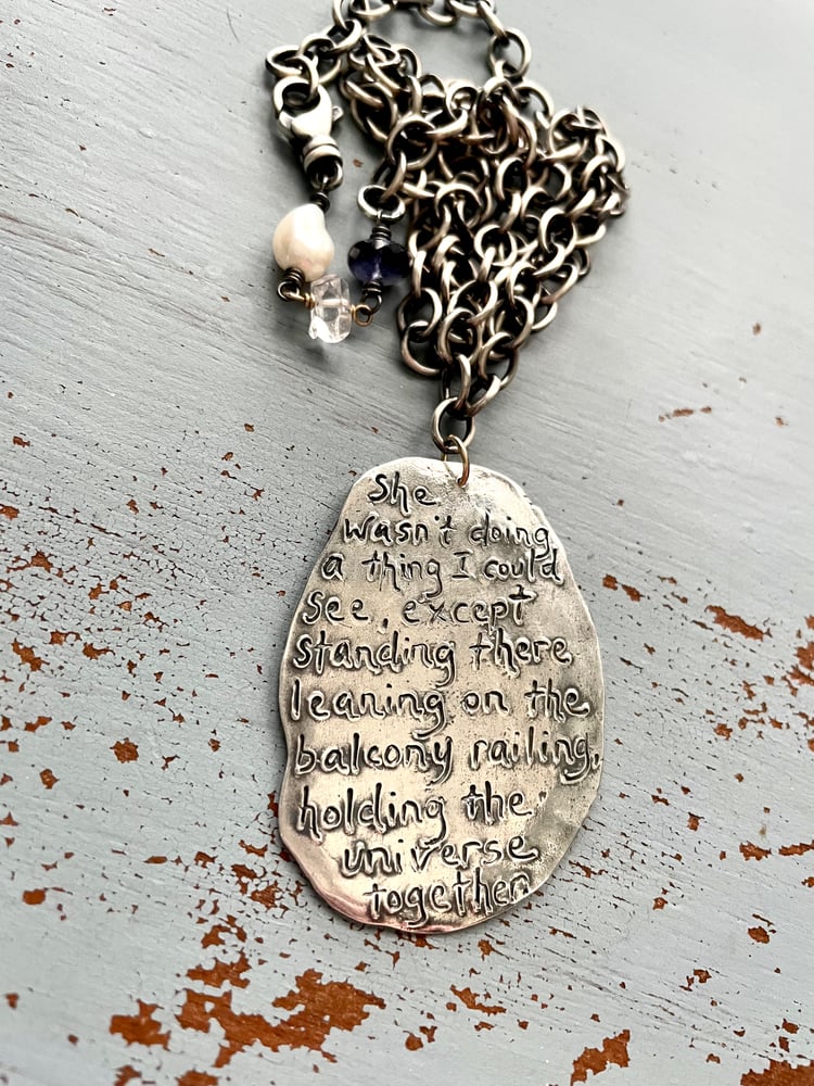 Image of heavy sterling silver statement necklace with handwritten Salinger quote