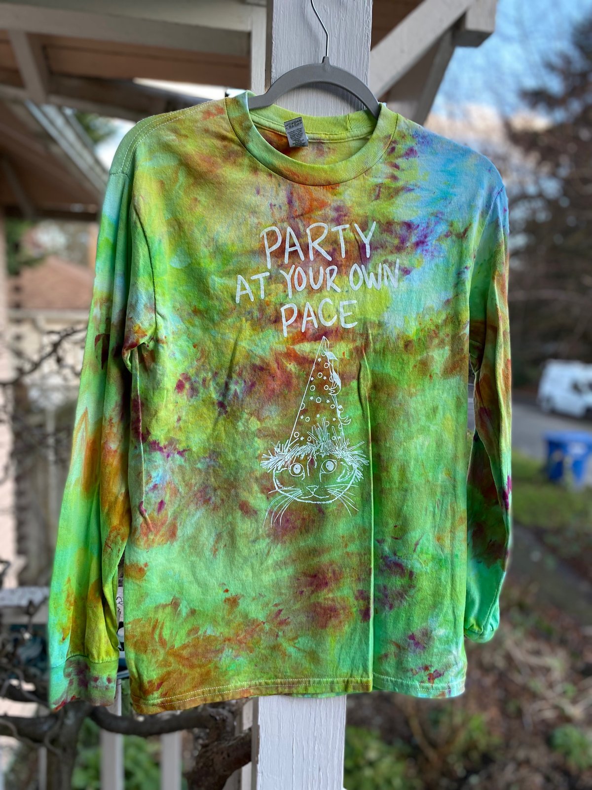 Image of SMALL Party At Your Own Pace Long Sleeve Tie Dye Shirt