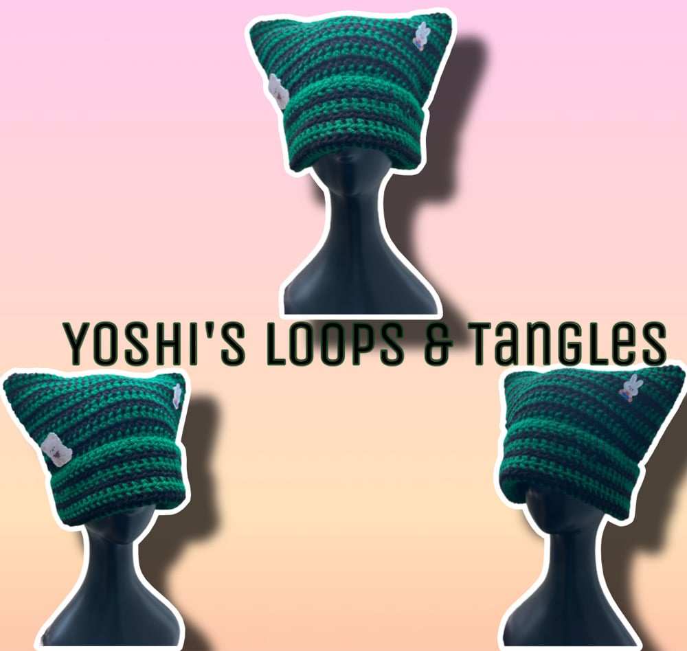 Image of Green & Black Striped Cat Beanie (Ready to Ship) 