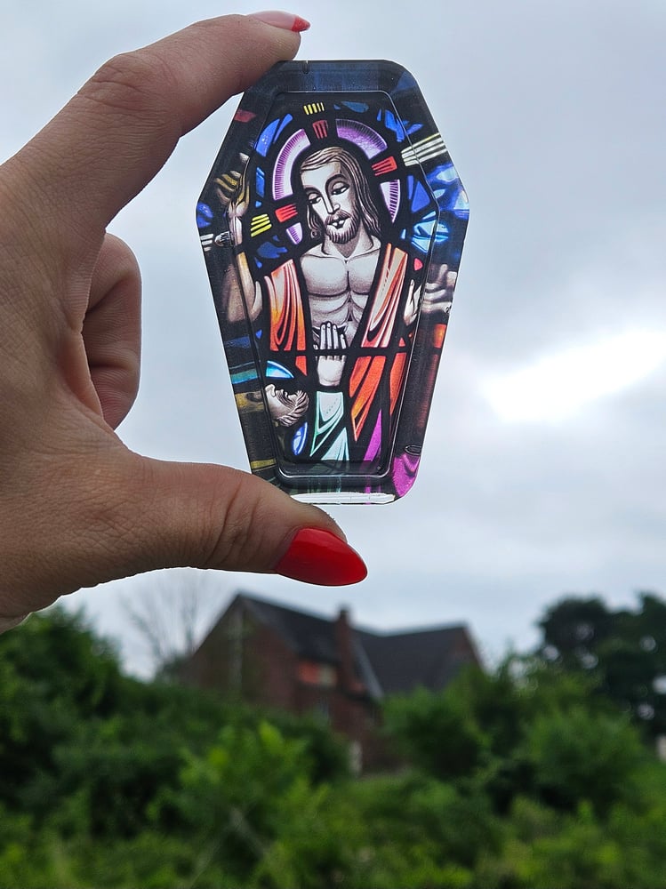 Image of Mini Bando Buff Jesus Coffin Tray Close-Up