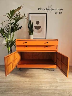Image of Gorgeous Nathan Sideboard in a Vibrant Orange on Black Hairpin legs with Matching handles 