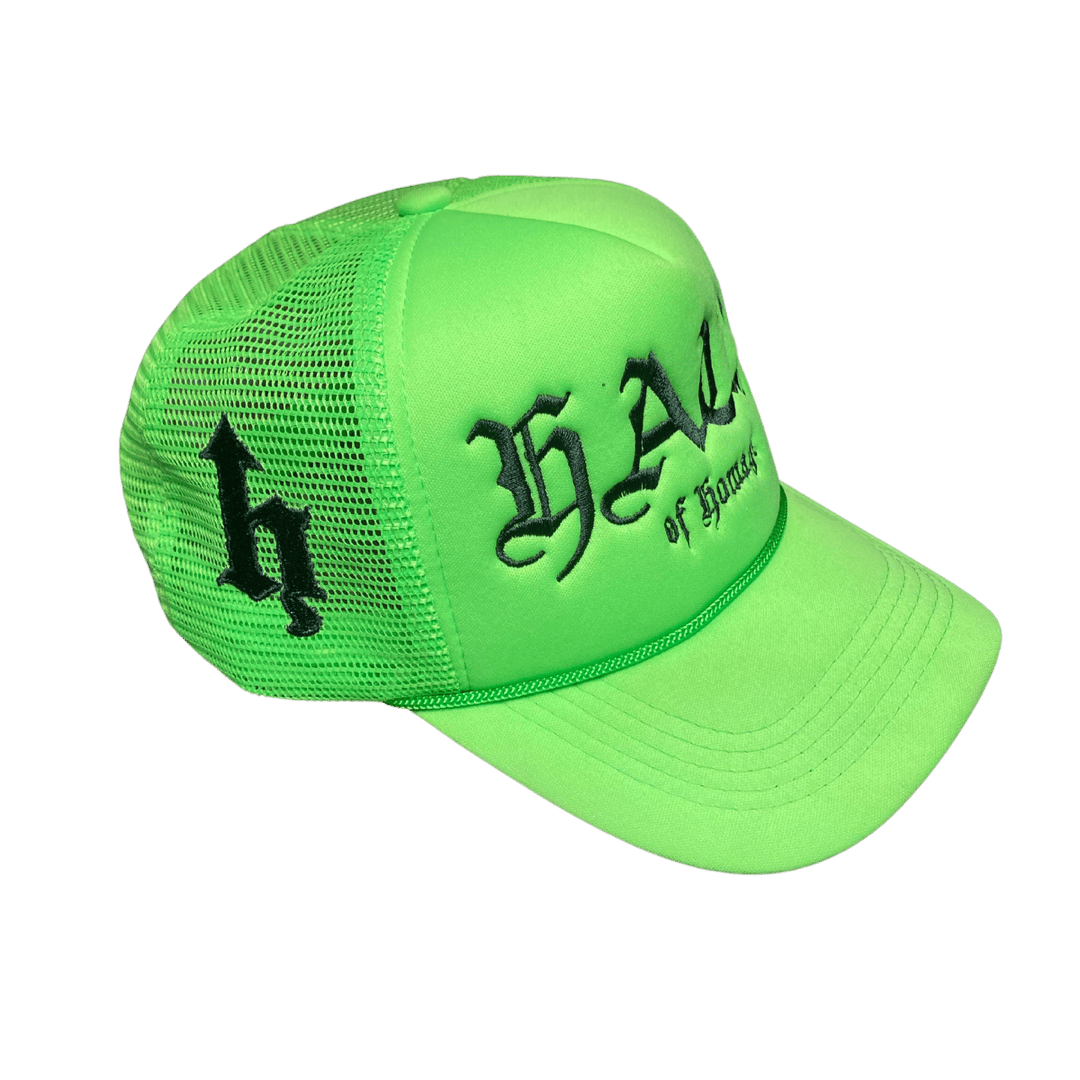 slime green trucker hat