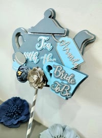 Image 3 of Personalized Dusty Blue Bridal Tea Party 3D Cake Topper Cake Centerpiece. Bride To Be