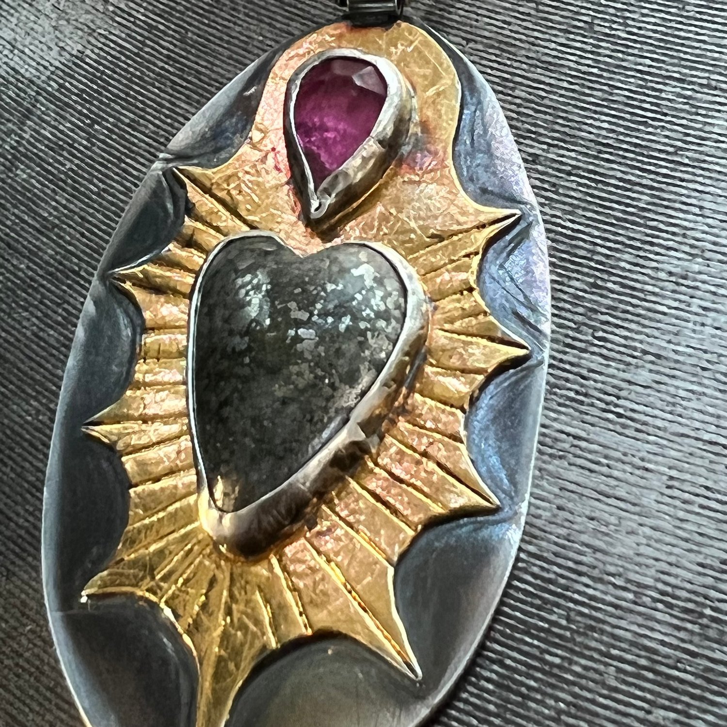 Image of Pyrite Heart with Pink Tourmaline Flame & Gold Foil Pendant