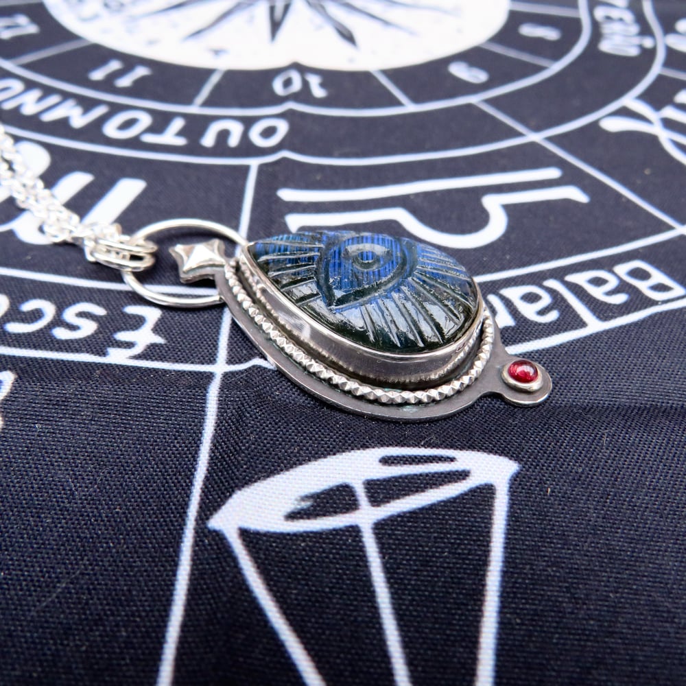 Enchanted Guardian Evil Eye Labradorite and Garnet Pendant Sterling Silver