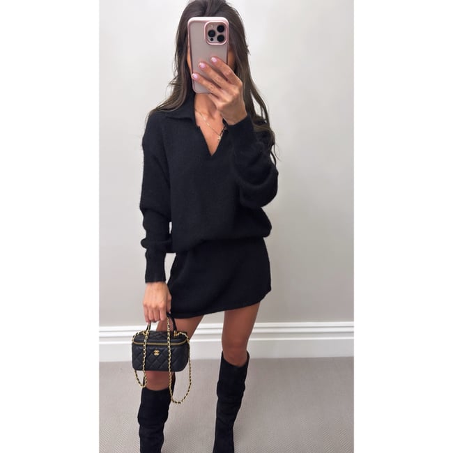 Black Soft Knit v neck jumper and skirt 