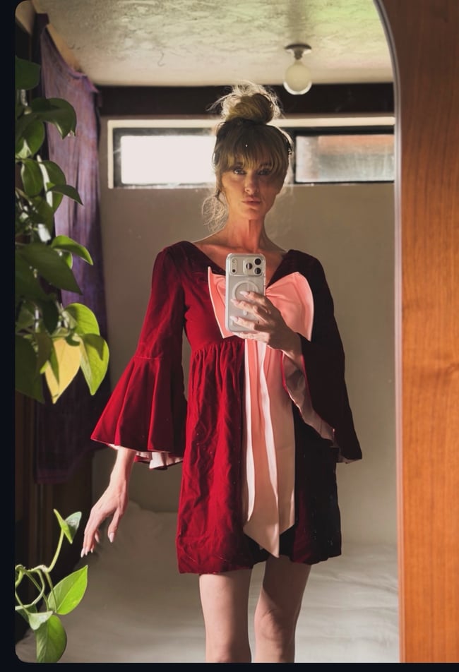 late 1960s jeweltone ruby velvet and satin trumpet sleeve mini dress with huge bow