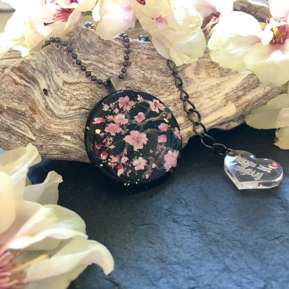 Cherry Blossom on Black Abstract Resin Pendant