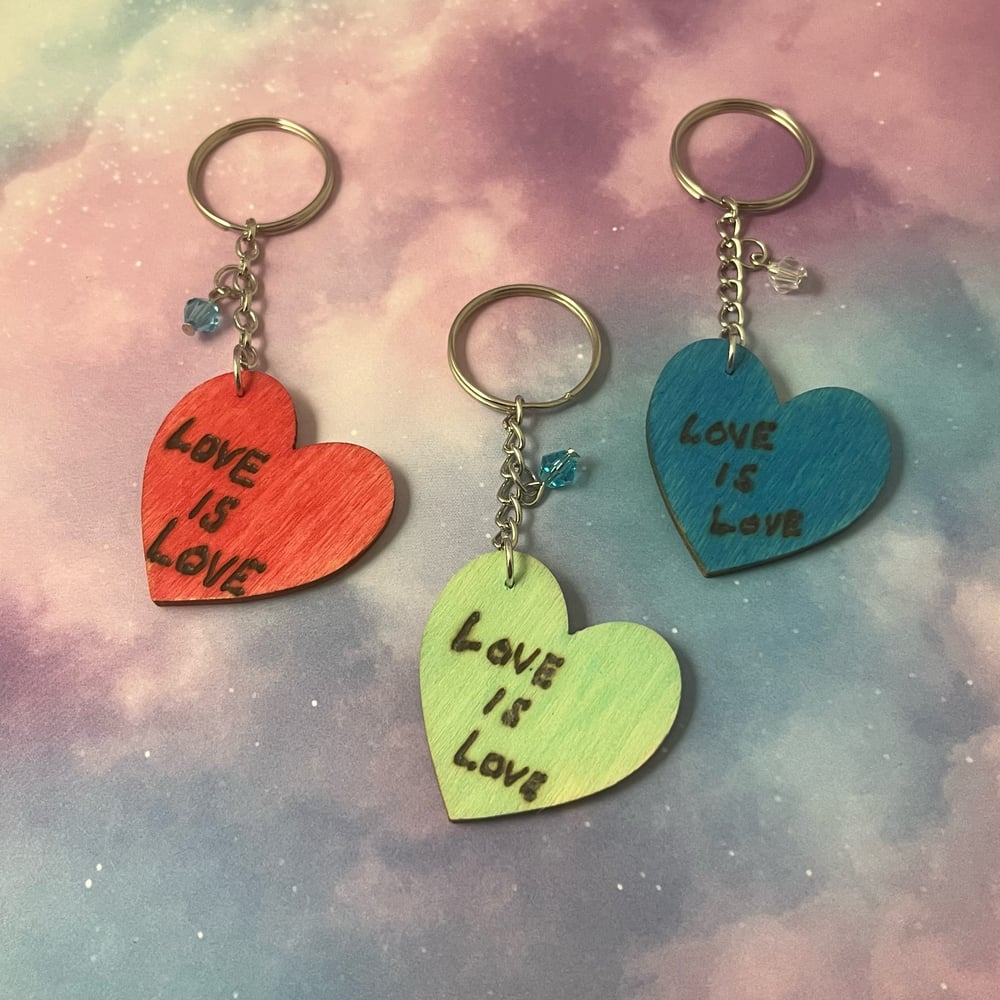 Image of Love Is Love Wood Burned Keychain