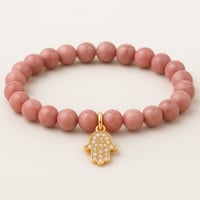 Consecrated Pink Rhodonite Bracelet with Pavé Hamsa Charm – Healing, Love & Divine Protection