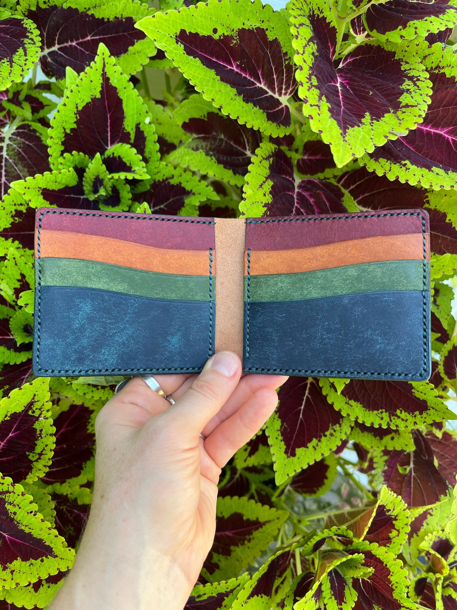 Image of Cognac/Rainbow Pueblo 8-pocket Slim Bifold 