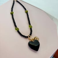 Image 5 of Black glass bead and green glass flower necklace with carabiner and heart 