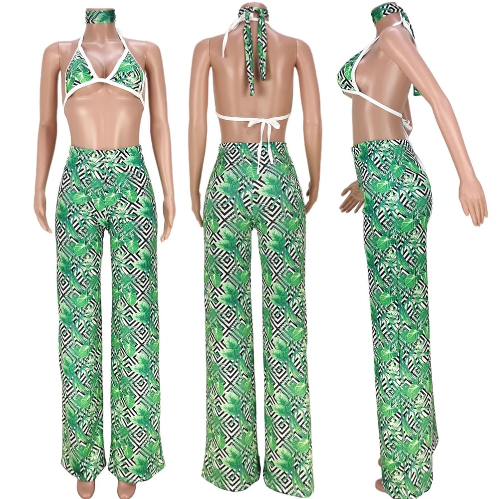 Image of Sexy Woman Bra Set Include Scarf Fashion Leaf Print 2 Piece Pants Sets Women 