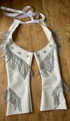 handmade White faux leather chaps and rhinestone trim and stars