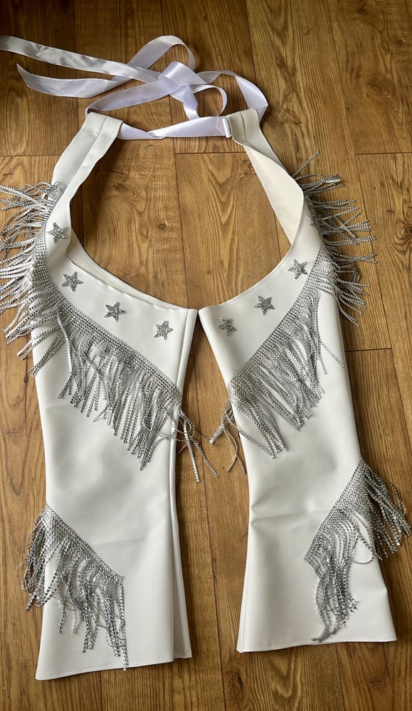 handmade White faux leather chaps and rhinestone trim and stars