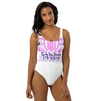 Image 1 of White and Purple Logo One-Piece Swimsuit