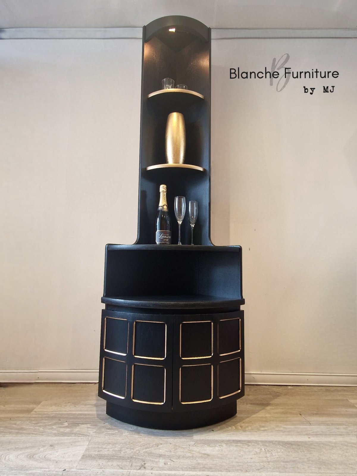 Tall Mid Century Corner Cabinet in Black and Gold By Nathan