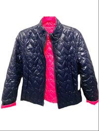 Image 1 of Aqua x Kerri Rosenthal quilted heart reversible puffer jacket in navy/hot pink