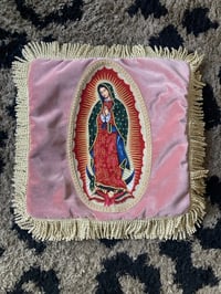 Image 12 of Pink Velvet Cushion with Virgin of Guadalupe appliqué patch