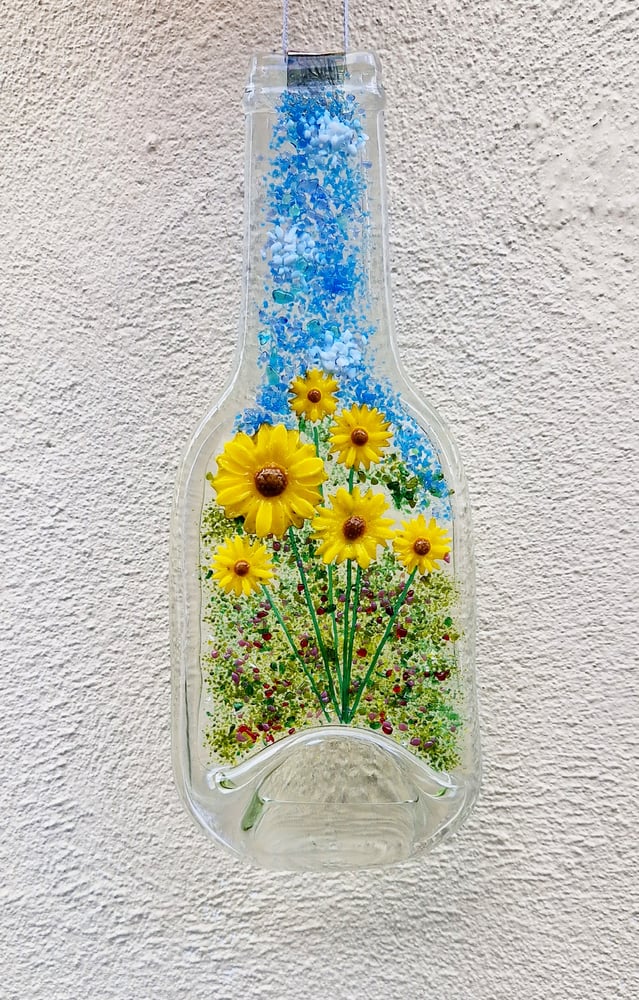 Image of Medium Recycled Fused Glass Bottle with Sunflowers 