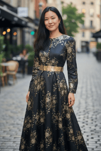 Image 1 of Miss MEHIR Dress 1970s Style Evening Maxi Gold & Black Floral Size S