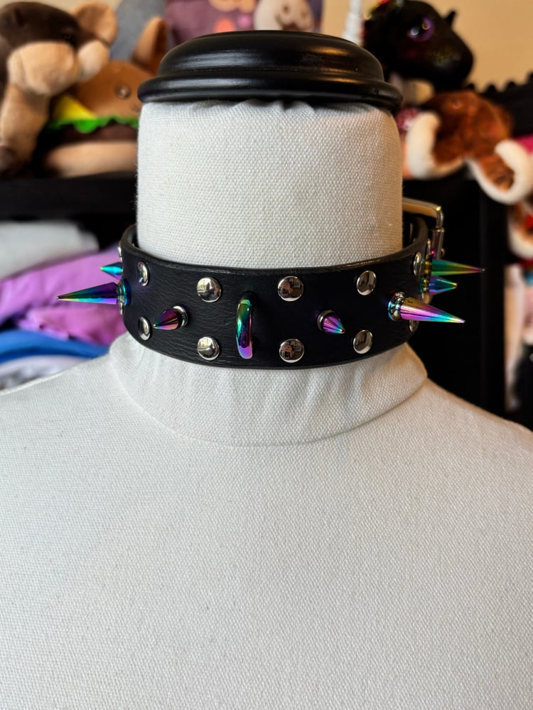Image of Rainbow Spiked Black Leather Collar