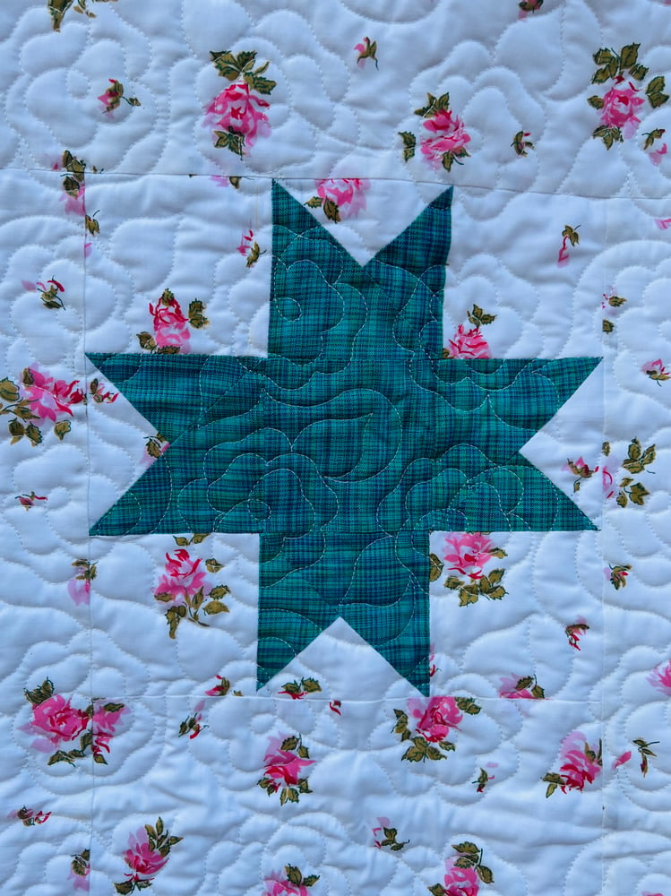 Image of star rose floral baby quilt, baby girl quilt, stroller quilt, crib quilt, car seat quilt, floor play