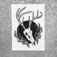 Image 3 of Deer Skull And Flowers Linocut Print