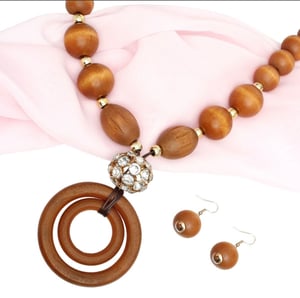Image of Pendant Brown Wooden Bead and Rings Necklace Set