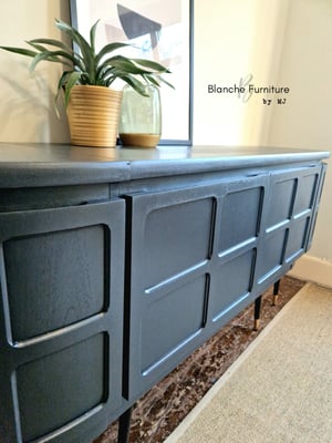 Image of Long Curved Nathan Sideboard in Dark Grey on Black & Gold Tapered Legs