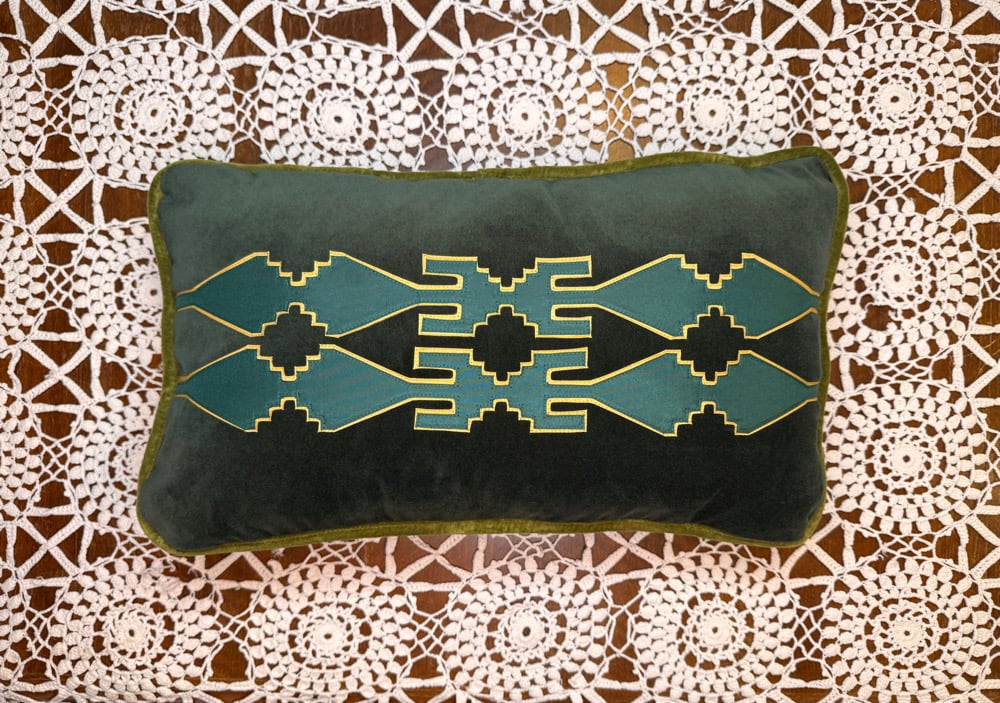 Christmas Ribbonwork Pillow Gold Piped 12x20