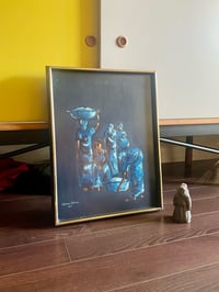 Image 2 of Mid Century Blue Oil Figurative On Canvas