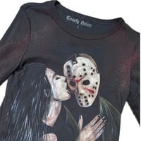Image 2 of “I LOVE FRIDAY THE 13TH” Custom Bleach Painted Long sleeve Baby Tee SIZE LARGE