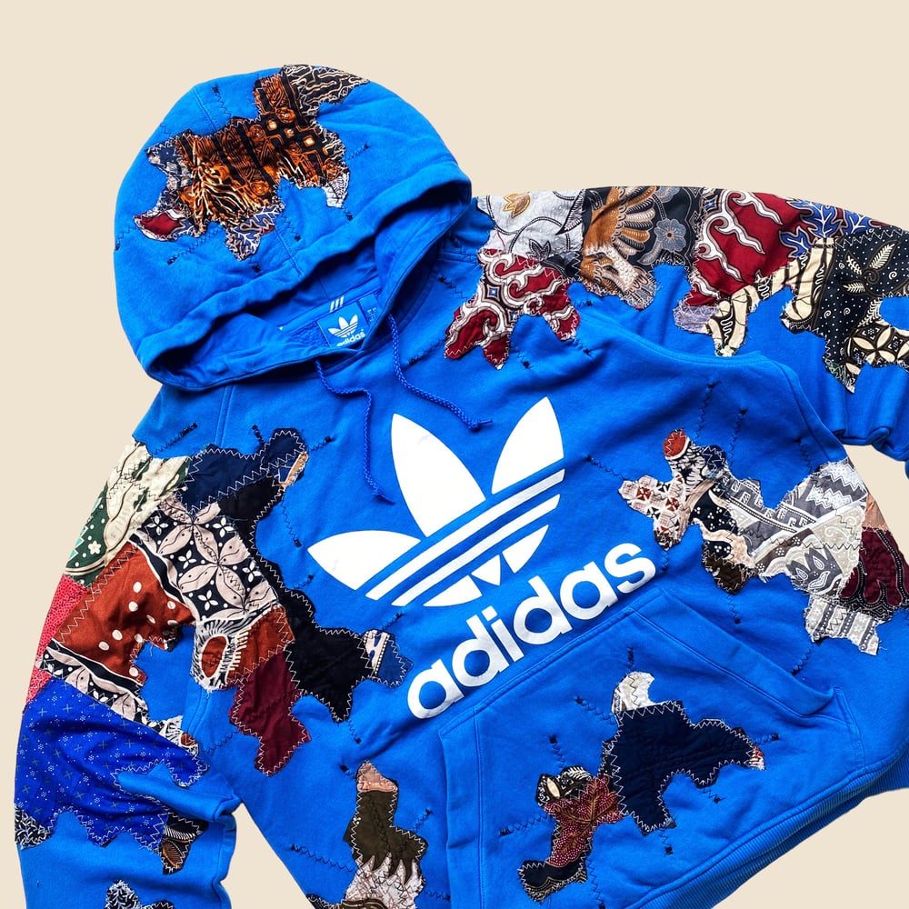 REWORKED ADIDAS BATIK PATCHWORK BLUE HOODIE SIZE L / XL