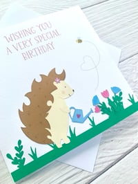 Image 3 of Handmade Hedgehog Watering Flowers Birthday Card - Cute Animal Card for Garden Lovers 