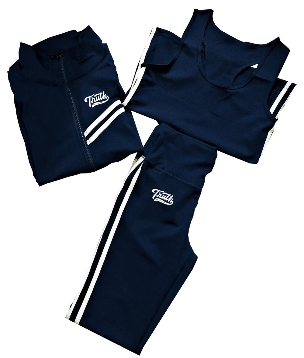 Women’s 3 Piece Fitness Set with Embroidered Logo | Navy Blue