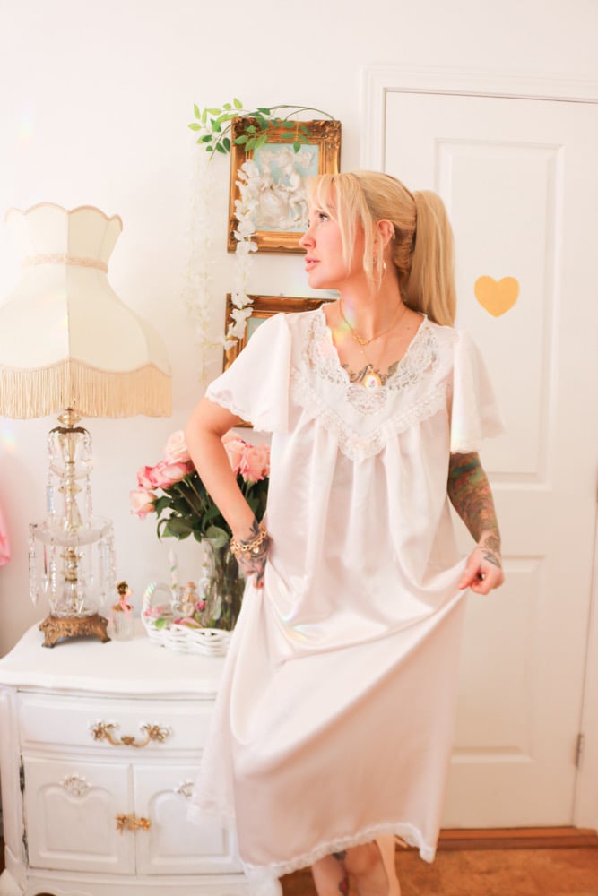 Image of Vintage 1980s Christian Dior Union Made Pastel Pink Princess Nightgown (Small)
