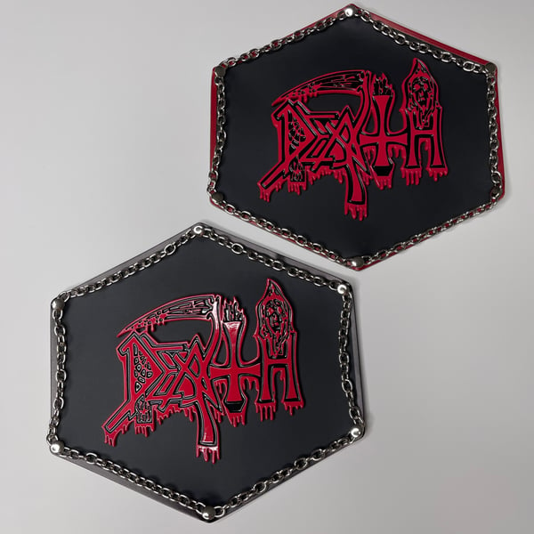 Image of Death "B" Metal Pin Attached To faux Leather Oversized Patch With Real Chains (READ DESCRIPTION)