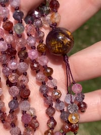 Image 1 of Rainbow Spinel Mala with Amethyst Super Seven Guru Bead, Rainbow Spinel Hand Knotted Gemstone Mala