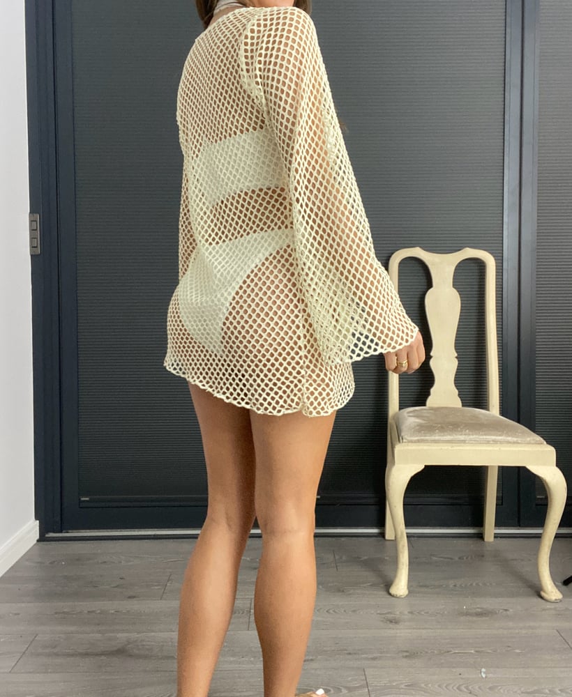 Image of Asymmetric Hem Beach Dress In Cream Crochet Net