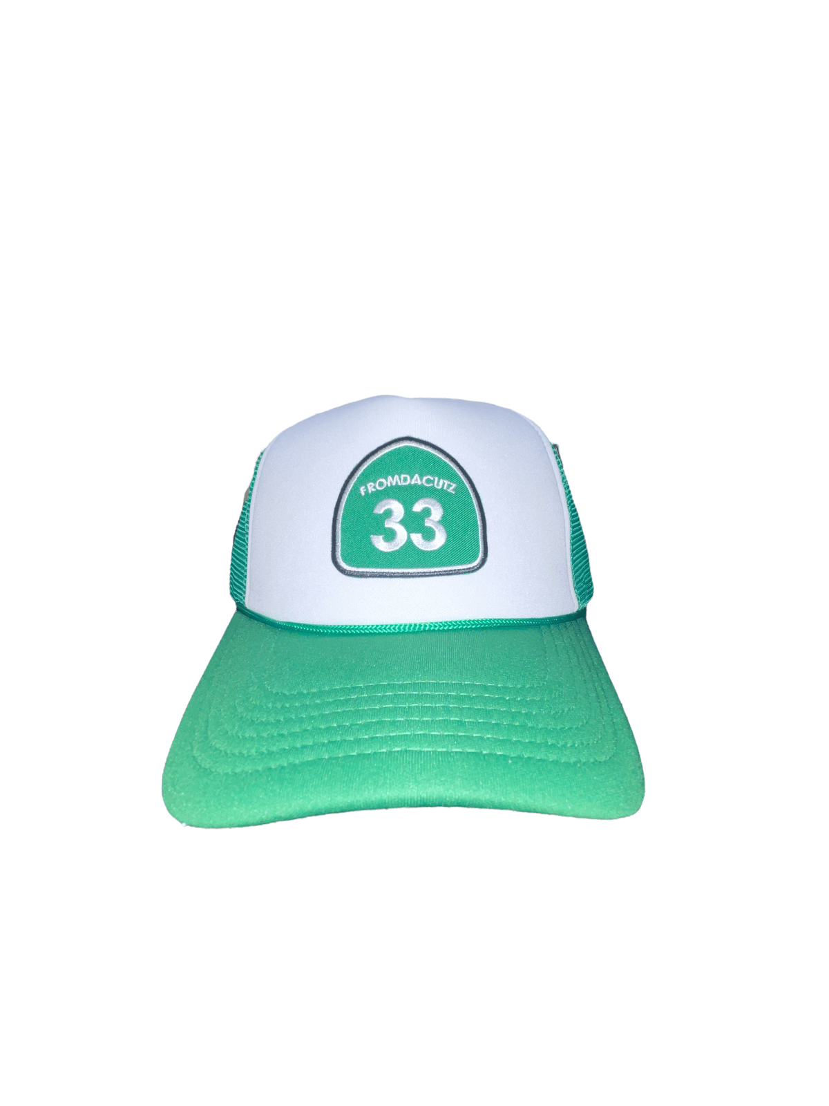 white and green trucker hat