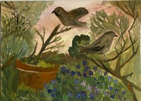 Violets and birds in the wild garden