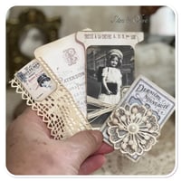 Image 11 of Vintage white tin with snippet book and lace samples
