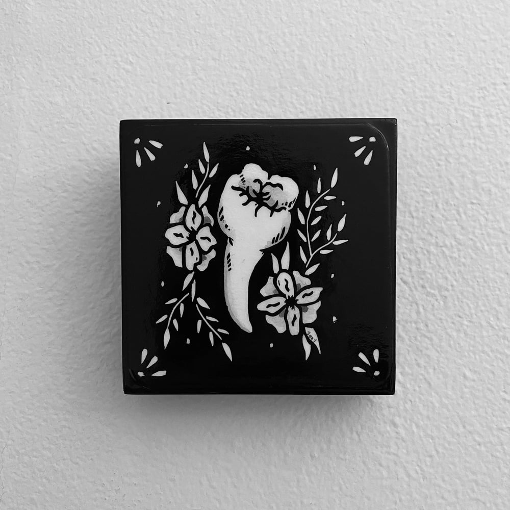 Tooth One Linocut Print On Wooden Panel
