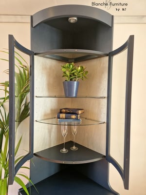 Image of Nathan Corner Drinks Cabinet unit with light - Midnight Blue with Orange Art deco lining