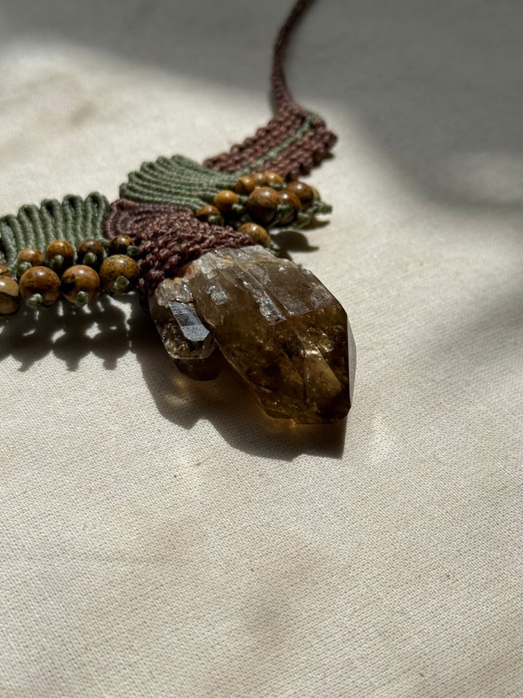 Image of Macrame necklace with smokey citrine and picture jasper beads